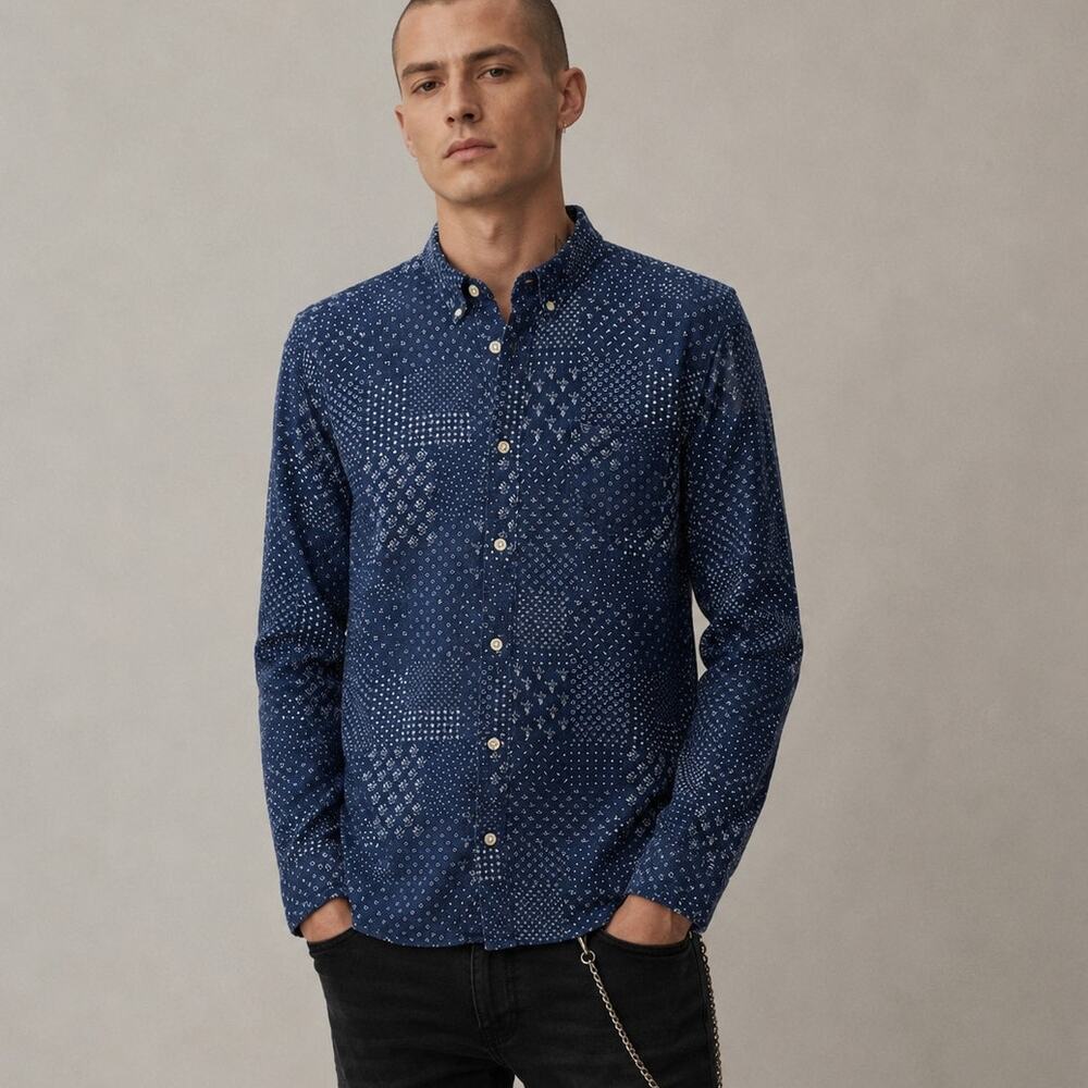 All Saints x Shuttle notes Japan Button up Shirt Blue Bandana Patchwork XL Slim